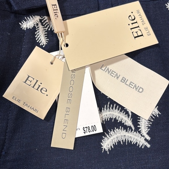 Elie Tahari Navy Blue/W Cream Colored Embroidered Palm Trees Wide Leg Size 10 - Picture 7 of 14